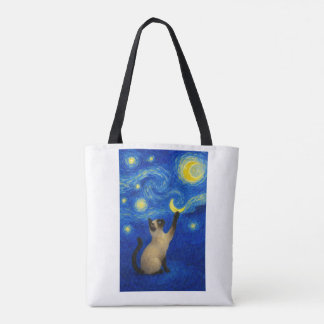 Tote Bag Starry Night Siamese Cat Moon 