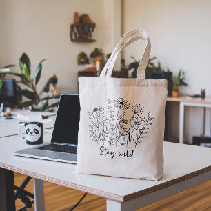 Tote Bag Stay Wild Floral Boho Line Art