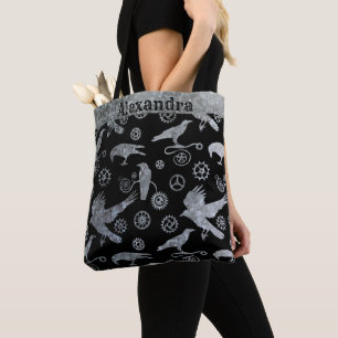 Tote Bag Steampunk Argent Zinc engrenages et corbeaux sur m