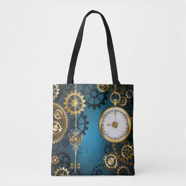 Tote Bag Steampunk Arrière - plan turquoise avec Gears (Devant)