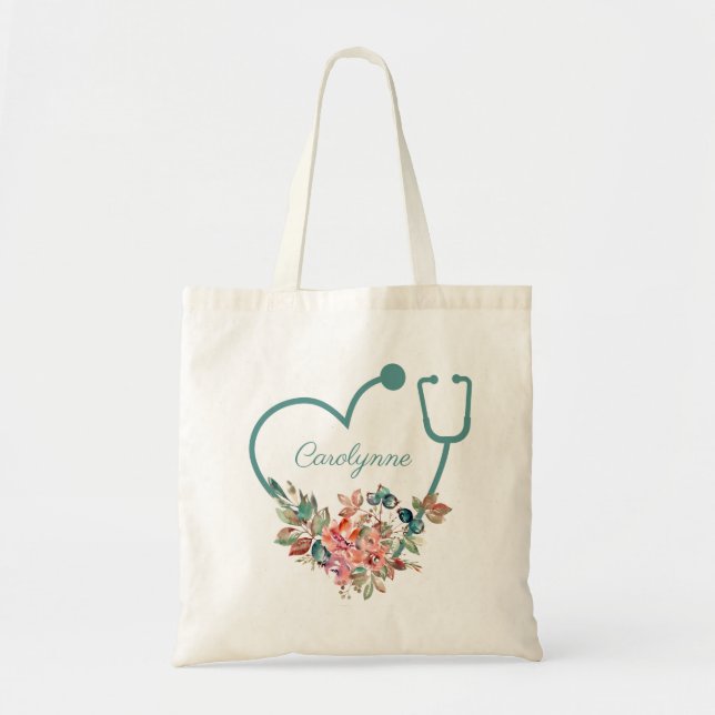 Tote Bag Stethoscope floral Coeur Infirmière Médicale Docte (Devant)