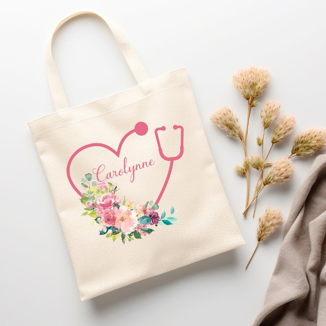 Tote Bag Stethoscope rose Floral Coeur Infirmière Médicale  (Pink Floral Stethoscope Heart Medical Nurse Doctor Tote Bag)