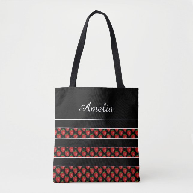 Tote Bag Strawberry Stripes Black Personalised (Devant)