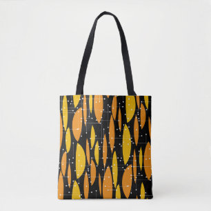 Tote Bag Style atomique, motif géométrique noir orange.