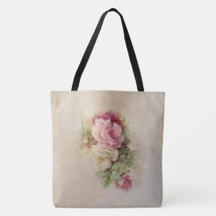 Tote Bag Style peint à la main Roses Vintages rose et blanc
