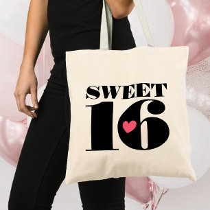 Tote Bag Style Retro Typographie Sweet sixteen noir rose