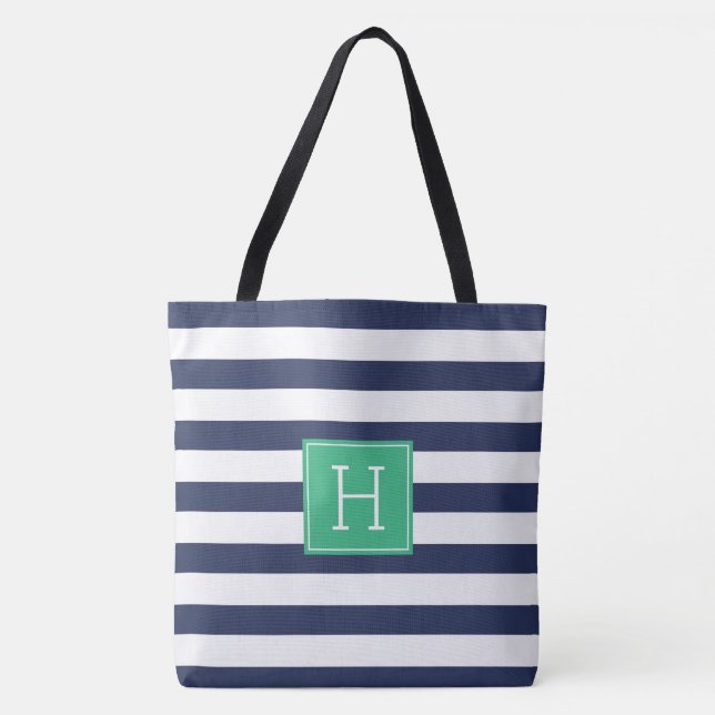 Tote Bag Stylo Navy Bleu Stripes et Monogramme Vert (Devant)