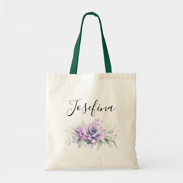 Tote Bag Succulentes et feuillage argenté Nom élégant scrip (Devant)