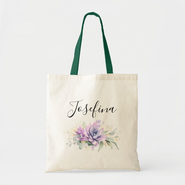 Tote Bag Succulentes et nom de script élégant en or verdure (Devant)