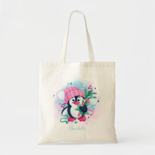 Tote Bag Sucre de canne de Noël Penguin Nom personnalisé