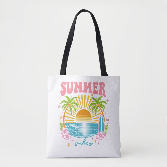 Tote Bag "Summer Vibes" Cheerful Boho Beach Palm Trees (Devant)