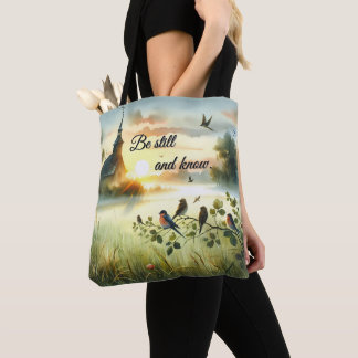 Tote Bag Sunrise Church with Birds in Misty Meadow