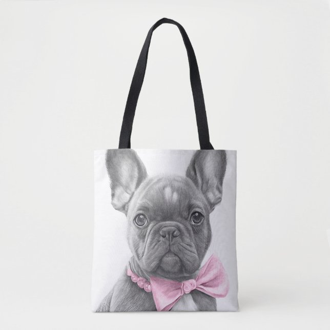 Tote Bag Super mignon Sketch Français chiot avec arc rose (Devant)