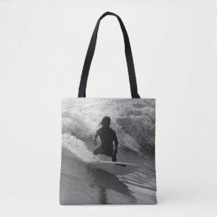 Tote Bag Surfer En Niveaux De Gris Des Vagues