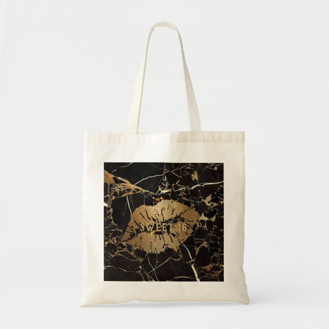 Tote Bag Sweet 16 Lèvres en marbre d'or noir personnalisées (Devant)