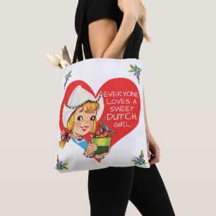 Tote Bag Sweet Dutch Girl Vintage Tulips Meisje & Heart