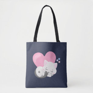 Tote Bag Sweet Kitty Chat Dormir avec un grand coeur rose