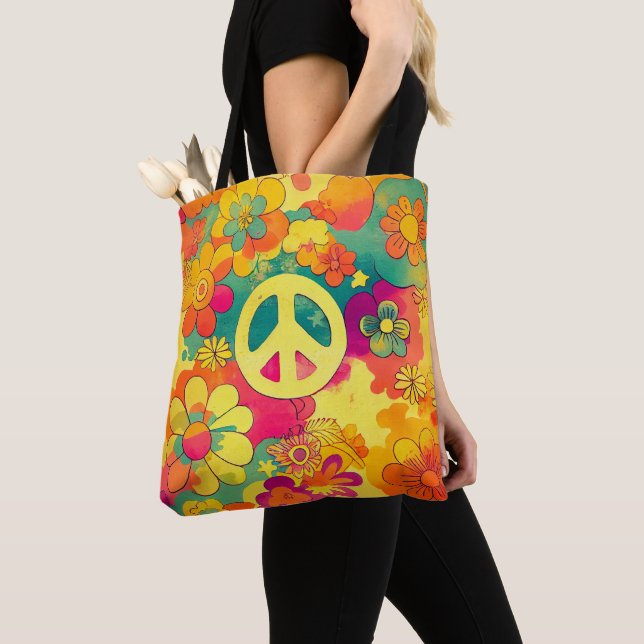 Tote Bag SYMBOLE DE LA PAIX Tie Dye Boho Hippy 60s (De près)