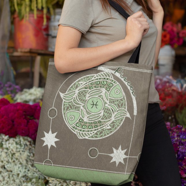 Tote Bag Symbole zodiaque Pisces vert et gris Mandala (Créateur téléchargé)