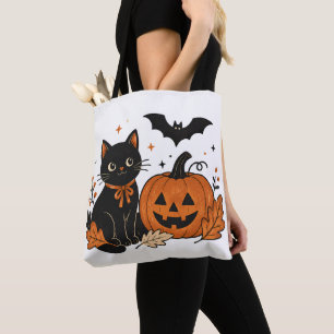 Tote Bag T-shirt Halloween Chat Noir Citrouille Imprimé Par