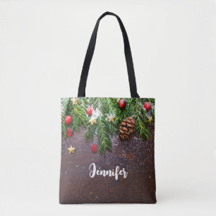Tote Bag Table de Noël rustique avec pin et neige