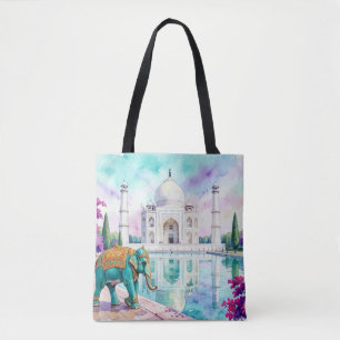 Tote Bag Taj Mahal & Éléphant Aquarelle