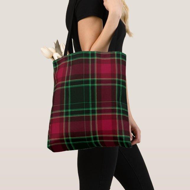Tote Bag Tartan festif en framboise et vert (De près)