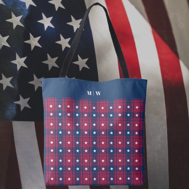 Tote Bag Tartan - Patriotique - Bleu Rouge Étoiles Blanches (Tartan - Patriotic - Red Blue White Stars Tote Bag by Leapfroglisics Shop)
