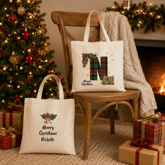 Tote Bag Tartan personnalisé avec initiale et nom de Noël