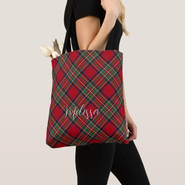 Tote Bag Tartan personnalisé rouge et vert rustique (De près)