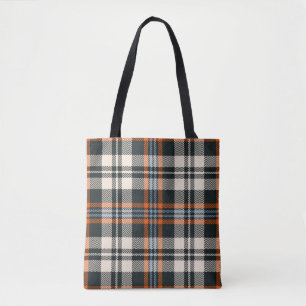 Tote Bag Tartan plaid automne motif en noir, orange, bleu