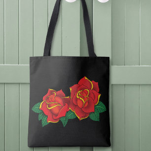 Tote Bag Tatouage de roses traditionnelles rouges gras noir
