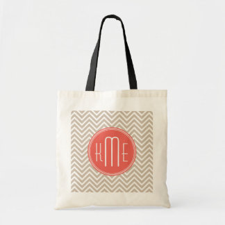 Tote Bag Taupe et Corail Élégant Monogramme Personnalisé