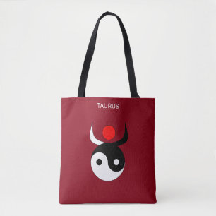 Tote Bag Taurus & Stylish Black & White Yin Yang sur Maroon