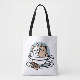 Tote Bag Tea Time Meow Time - Cute Cat and Tea Design