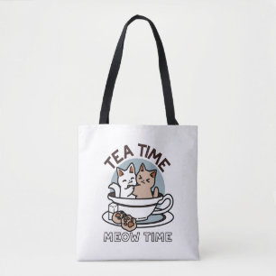 Tote Bag Tea Time Meow Time - Cute Cat and Tea Design