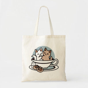 Tote Bag Tea Time Meow Time - Cute Cat and Tea Design