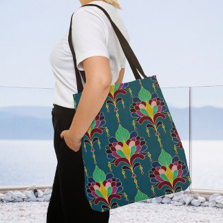 Tote Bag Teal and Gold Art Deco Floral Ornament