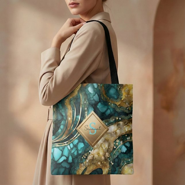 Tote Bag Teal Blue Gold Agate Geode Marble Monogram Name (Créateur téléchargé)