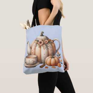 Tote Bag Teapot citrouille avec fleurs d'automne