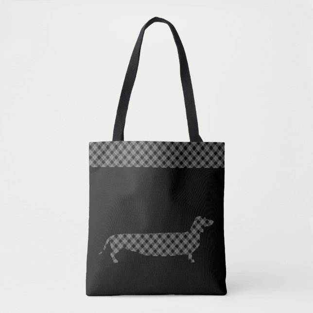 Tote Bag Teckel de plaid sur le noir (Devant)