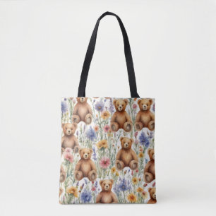 Tote Bag Teddies Cartoon mignonnes avec Fleurs Aquarelles