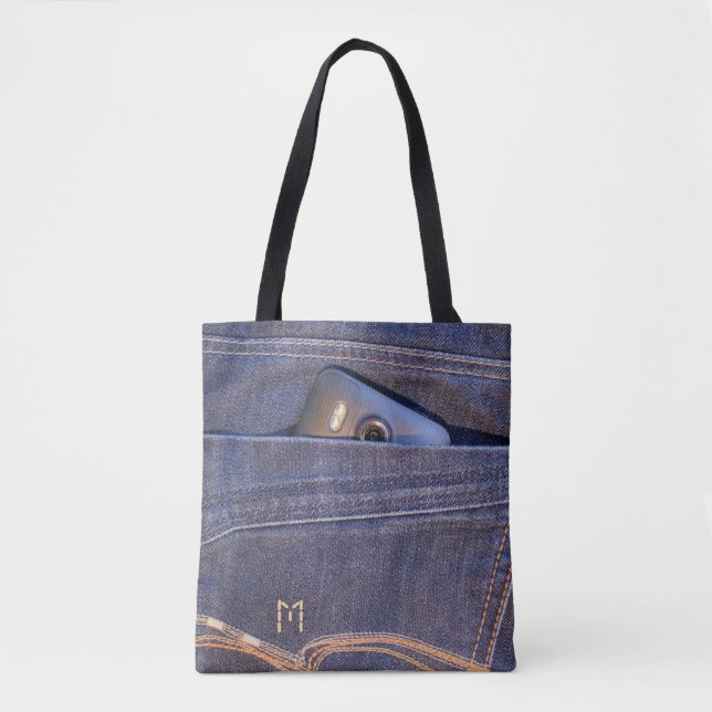 Tote Bag Téléphone de photo dans le monogramme bleu de (Devant)