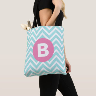 Tote Bag Tendance bleu clair Chevron rose Monogramme