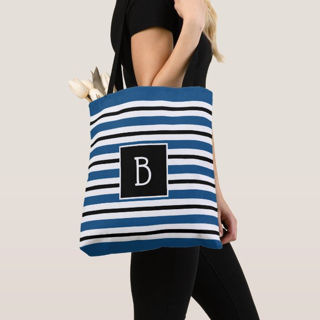 Tote Bag Tendance Monogramme Classique Bleu Noir Blanc Blan (De près)