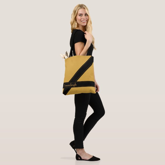 Tote Bag Tendance Personnalisée Mustard Jaune Bande Noire (Sur le modèle)
