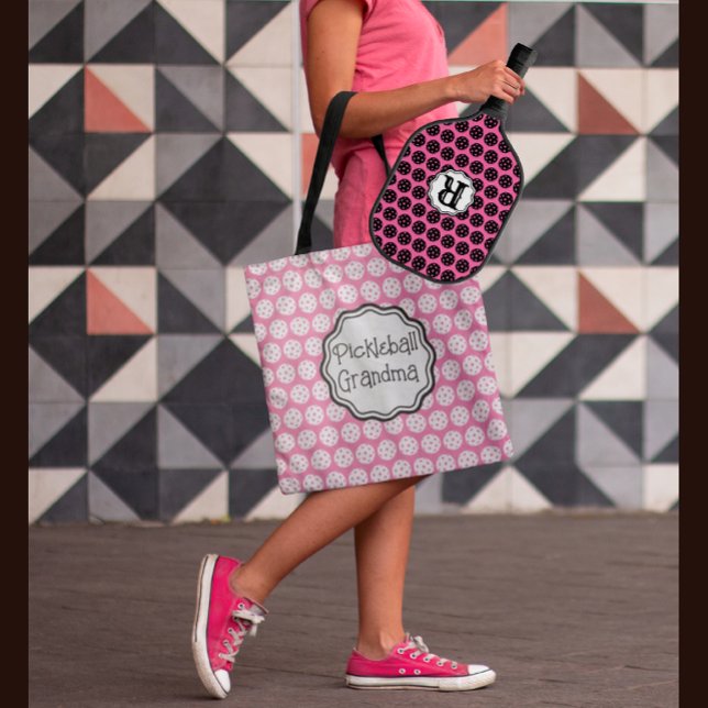 Tote Bag Tendance Pickleball noir & rose 3 lettres Monogram (Other styles and colors available.)