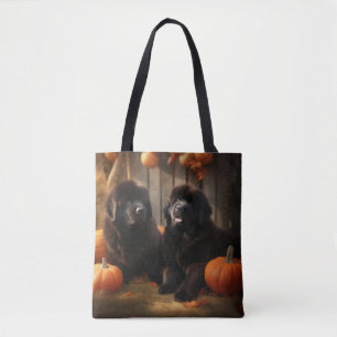 Tote Bag Terre-Neuve Chiot Automne Citrouille de plaisir