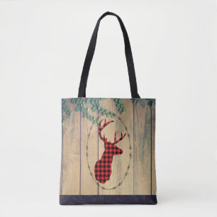Tote Bag Tête de cerf avec Antlers - Red Plaid Rustic