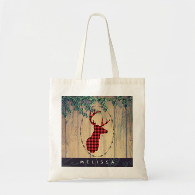 Tote Bag Tête de cerf avec Antlers - Red Plaid Rustic (Devant)